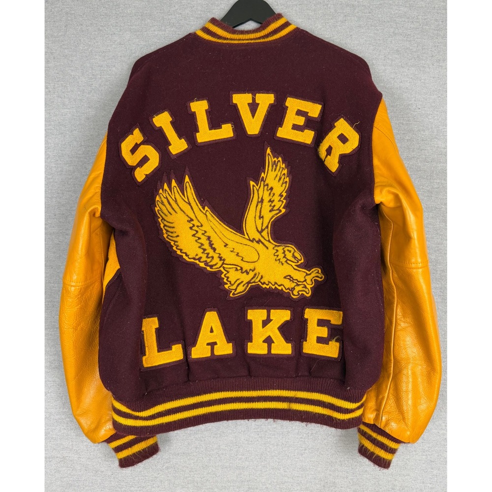 Vintage Trophy Jackets Silver Lake Varsity Letterman Jacket Burgundy Gold Wool L